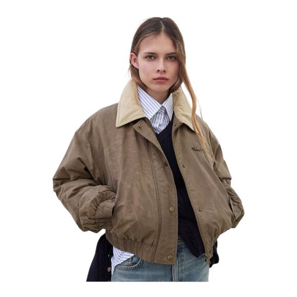 Zara Grungecore Waxed Bomber Jacket Women's size Medium Contrast Corduroy Collar - Picture 14 of 16